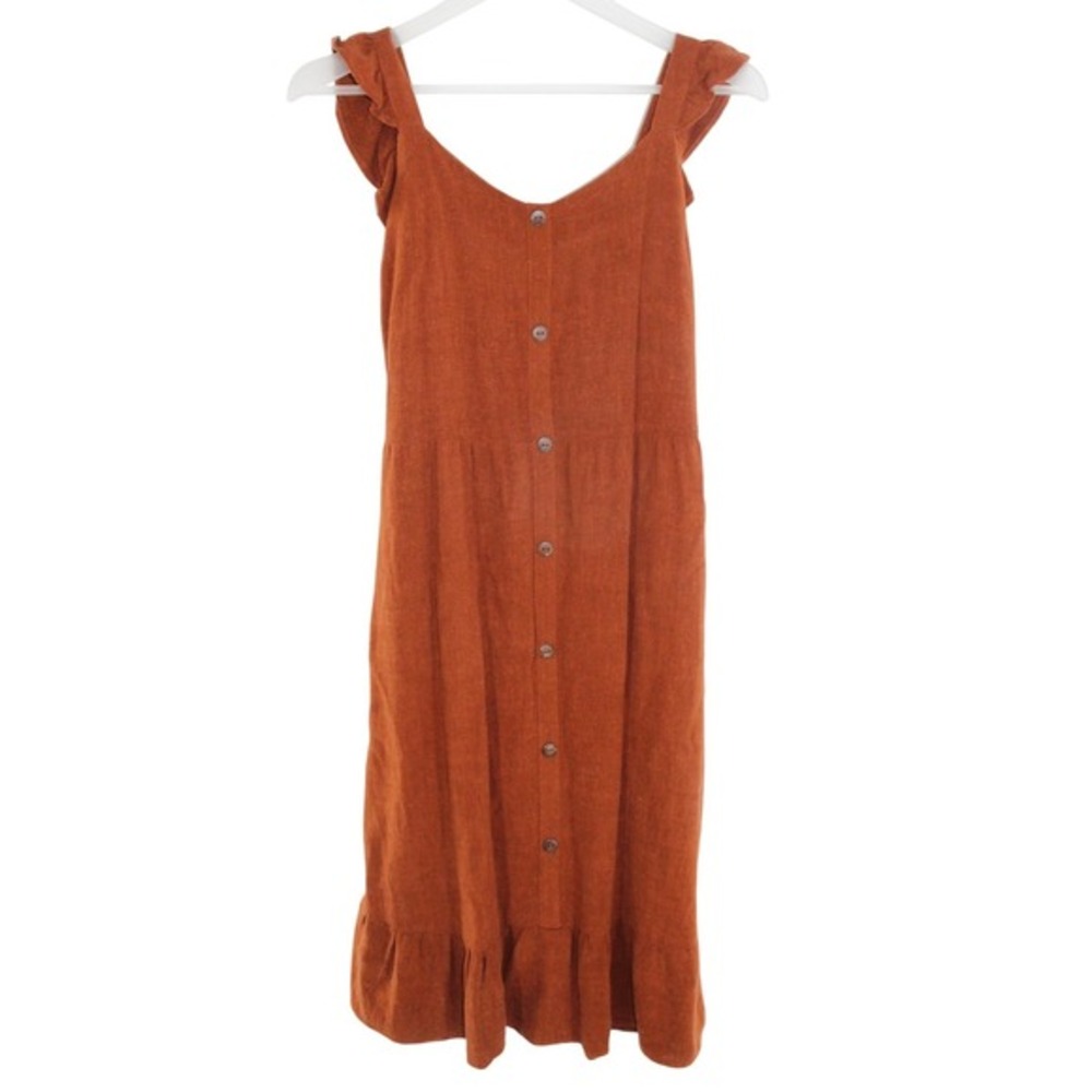 Monteau Los Angeles Button Front Ruffle Strap Midi Dress Size M Rust